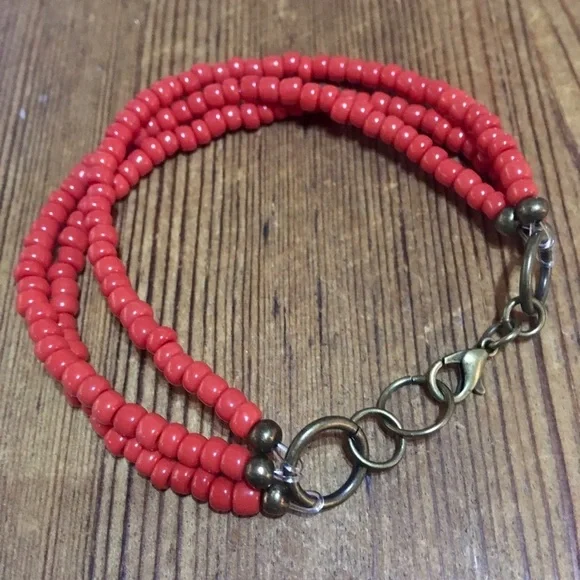 Ladies Beaded Red Handmade Multi-Strand Bracelet, Ladies Beaded Bracelet - Picture 3 of 5